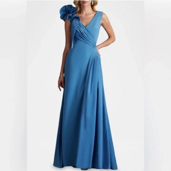 Tadashi Shoji Cadet Blue Rosette Detail Sleeveless A-Line Gown - Picture 1 of 6